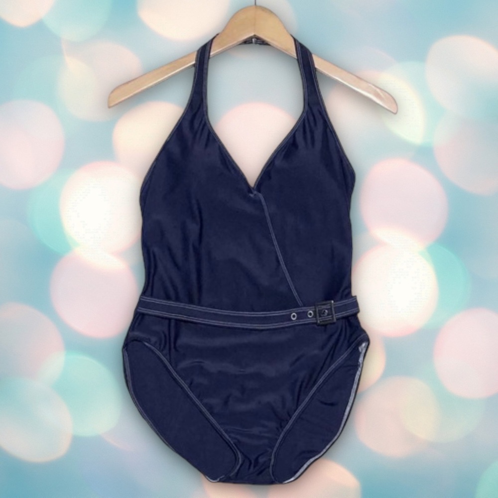 Isaac Mizrahi Women’s Navy Blue One Piece Halter Belted Swimsuit Size M